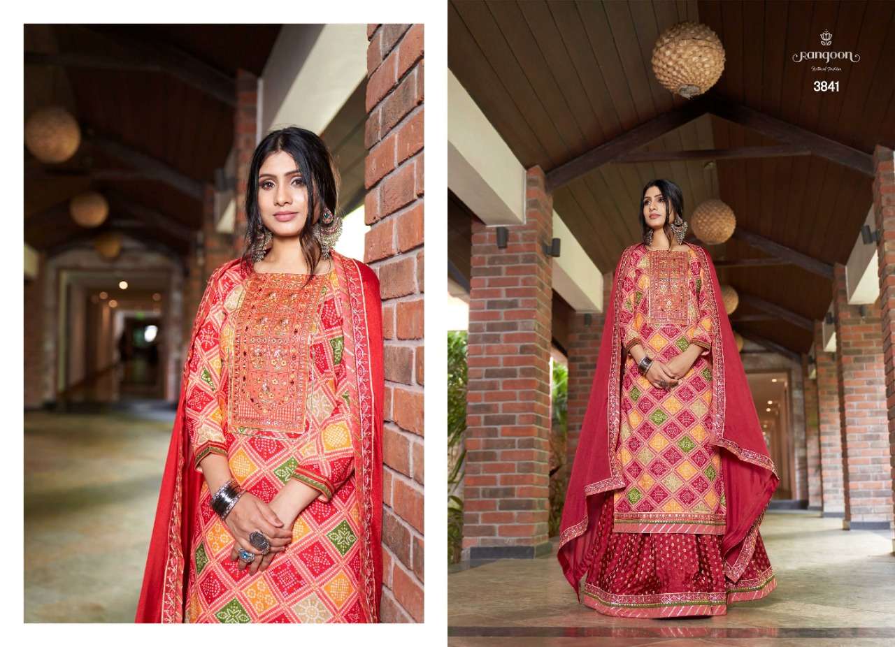Rangoon-Bandhan Vol 2-Rayon-Bandhej-Print-Khatli-Mirror-Work-Kurti-Jacquard-Silk-Skirt-Chinon-Embroidery-Work-Dupatta-3841